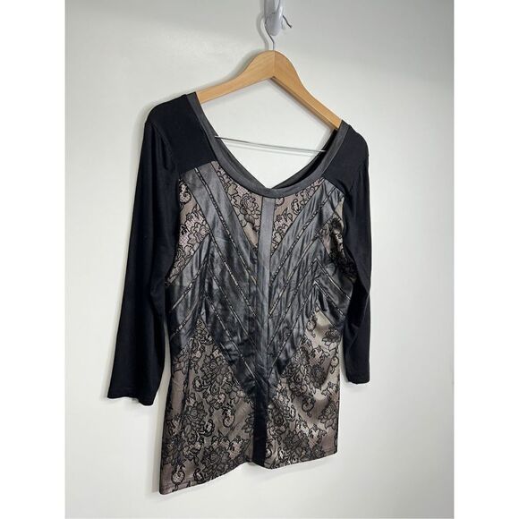 BKE Boutique Shirt Womens Black/Tan Lace Detailed 3/4 Sleeve Size Small - Picture 4 of 7